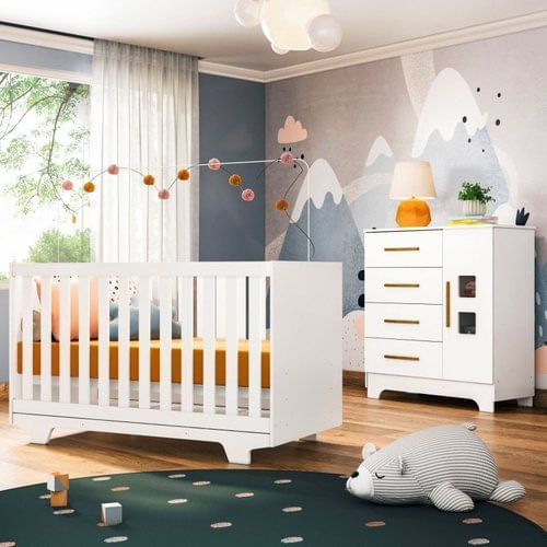 Quarto de Bebê Completo 100% MDF 1 Berço Minicama com Colchão Life 1 Cômoda Fly Branco