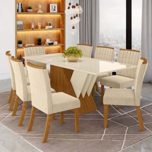 Conjunto Sala de Jantar Mesa Tampo MDF e Vidro 8 Cadeiras Itália Espresso Móveis Nature/off White/bege Claro