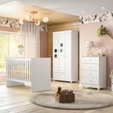 Quarto de Bebê 100% MDF Berço com Colchão Cômoda Soft e Guarda Roupa 3 Portas Life Branco