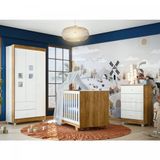 Quarto de Bebê 100% MDF Berço Minicama com Colchão, Cômoda e Guarda Roupa 3 Portas Life Branco/Ypê