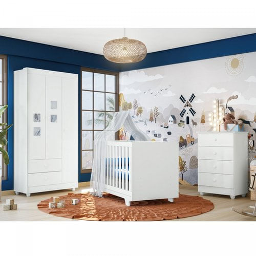 Quarto de Bebê 100% MDF Berço Minicama com Colchão, Cômoda e Guarda Roupa 3 Portas Life Branco