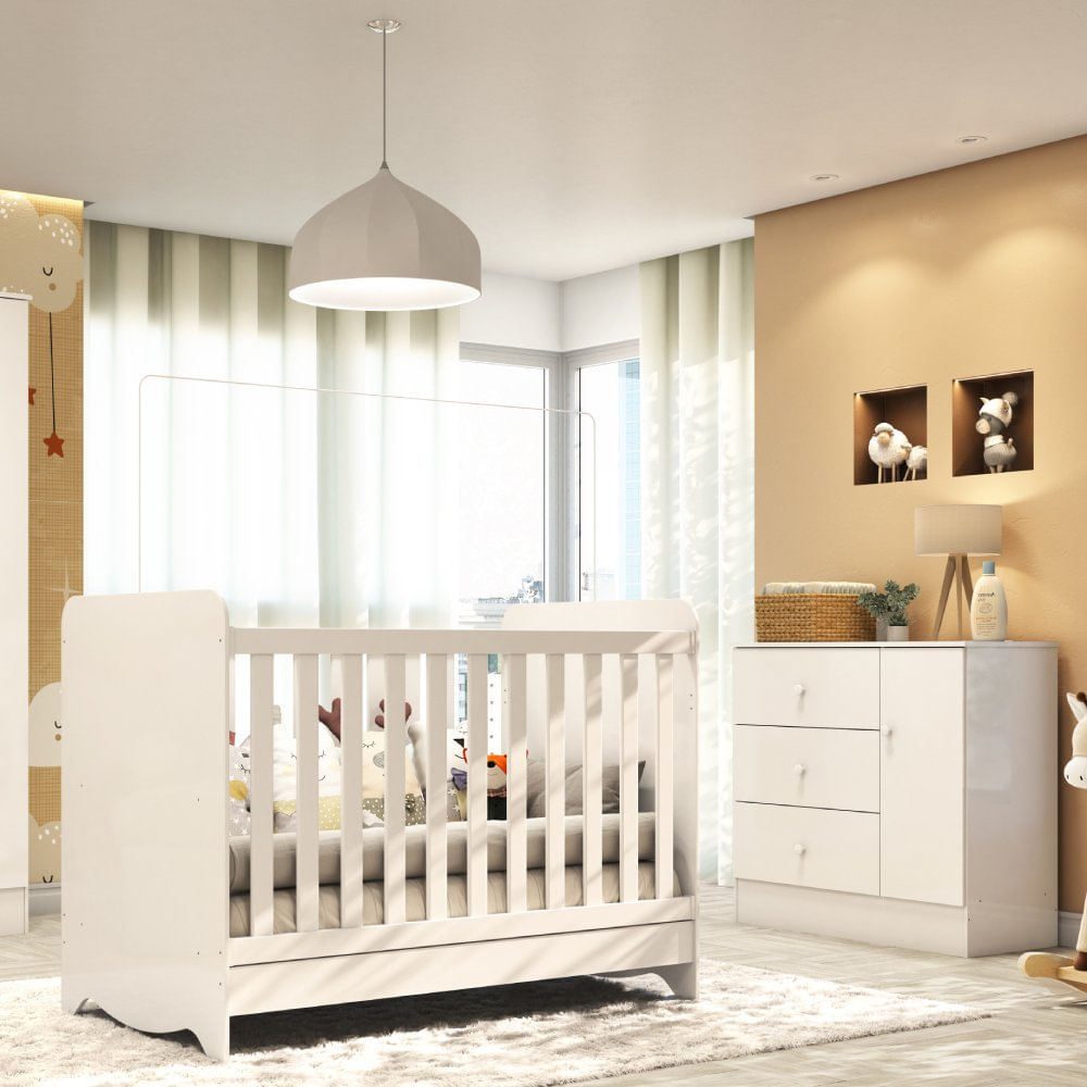 Quarto De Bebê Com Berço Americano 3 Em 1 Cômoda 3 Gavetas 1 Porta Pirueta Espresso Móveis Branco