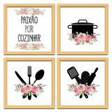 Conjunto Quadros Decorativos 4pç 20x20 Paixão Por Cozinhar 2 Titulo Moldura Marfim