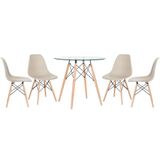 Mesa Redonda Eames Com Tampo De Vidro 80 Cm + 4 Cadeiras Eiffel Dsw Nude