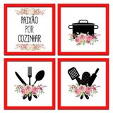 Conjunto Quadros Decorativos 4pç 20x20 Paixão Por Cozinhar 2 Titulos Moldura Vermelha