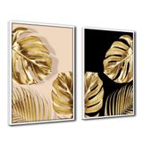 Quadro Premium Textura Cx Alta Folhas De Ouro 6 2un 40x60 Titulo Moldura Branca