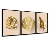 Quadro Premium Textura Cxalta Folhas Ouro Em Bege2 3un 40x60 Titulo Moldura Preta