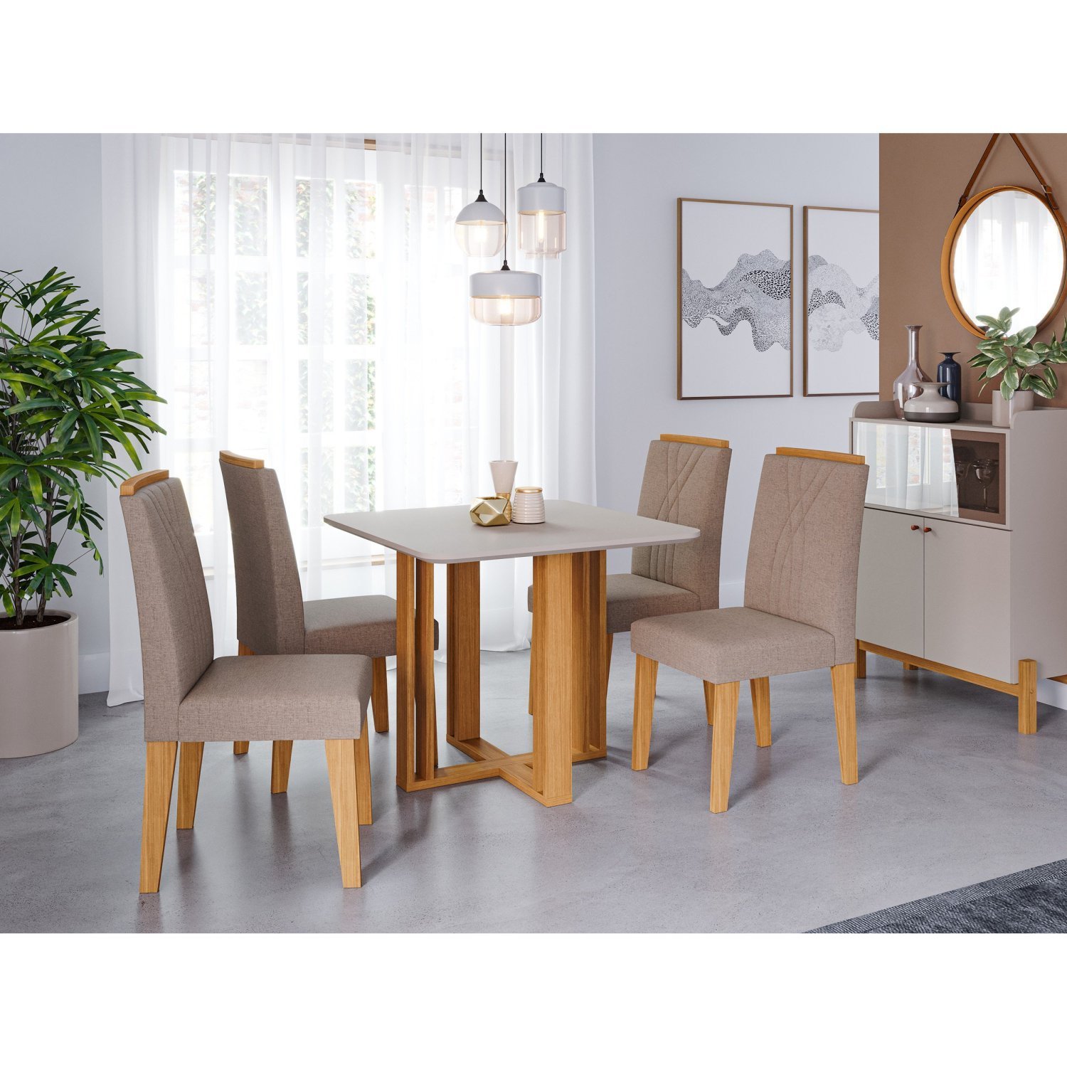 Sala De Jantar Flora Quadrada Com 4 Cadeiras Nicole Nature/off White/linho /bege