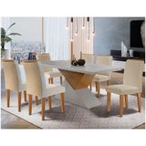 Mesa Aster 180 Tampo Em Mdf Canto Reto Com 6 Cadeiras Lunara Moderna Creme, Off White E Imbuia