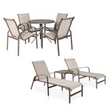 Conjunto 1 Mesa + 4 Cadeiras + 2 Espreguiçadeiras - Marrom Com Tela Café Com Leite
