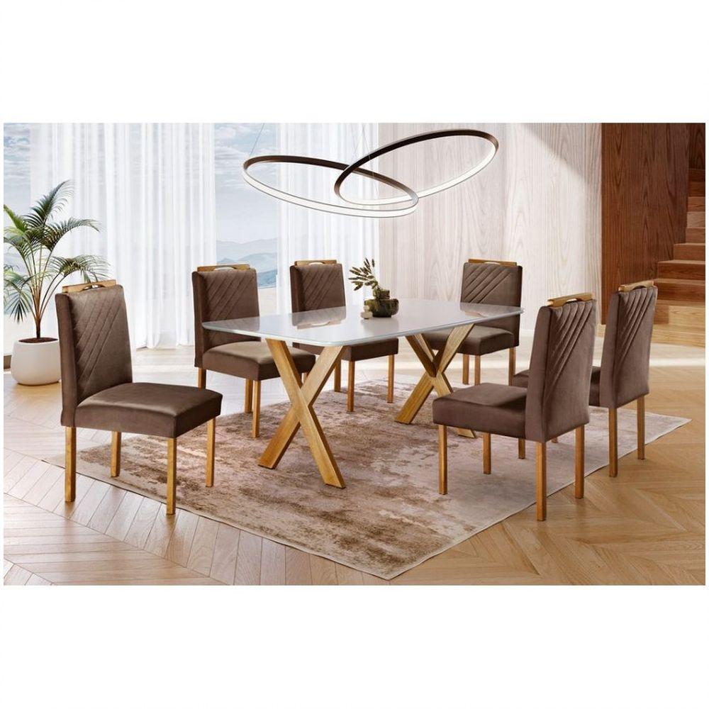 Conjunto Sala De Jantar 6 Lugares Mesa Munique E Cadeiras Imperatriz Veludo Móveis Off-white