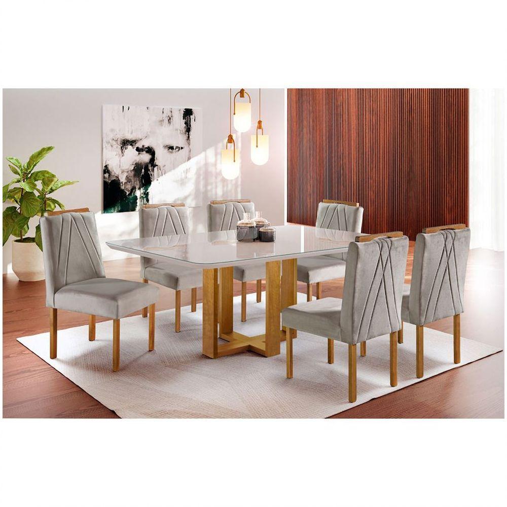 Conjunto Sala De Jantar 6 Lugares Mesa Lisy E 6 Cadeiras Em Veludo - Móveis Mix Mel Off White