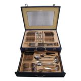 Faqueiro Aço Inox 72pçs Detalhes Dourado Caixa Madeira Luxo