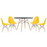 Mesa Redonda 120cm Preto + 4 Cadeiras Amarelo