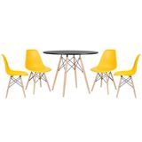Mesa Redonda 100 Cm Preto + 4 Cadeiras Amarelo