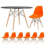 Mesa Redonda 120cm Preto + 6 Cadeiras Laranja