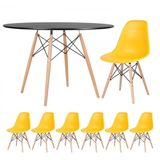 Mesa Redonda 120cm Preto + 6 Cadeiras Amarelo