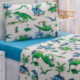 Jogo Cama Lençol Diverkids Solteiro Infantil Malha Soft 100% Algodão 3 Peças - Dinossauro Verde Azul