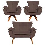 Kit Namoradeira E 2 Poltronas Base Giratória Madeira Opla Suede Marrom - Ibiza