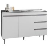 Balcão com Pia Inox 120cm 2 Portas 3 Gavetas Andréia Branco