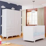 Quarto De Bebê Completo Berço Retrô Com Guarda Roupa 4 Portas 3 Gavetas  100% Mdf Jolie Branco Brilho