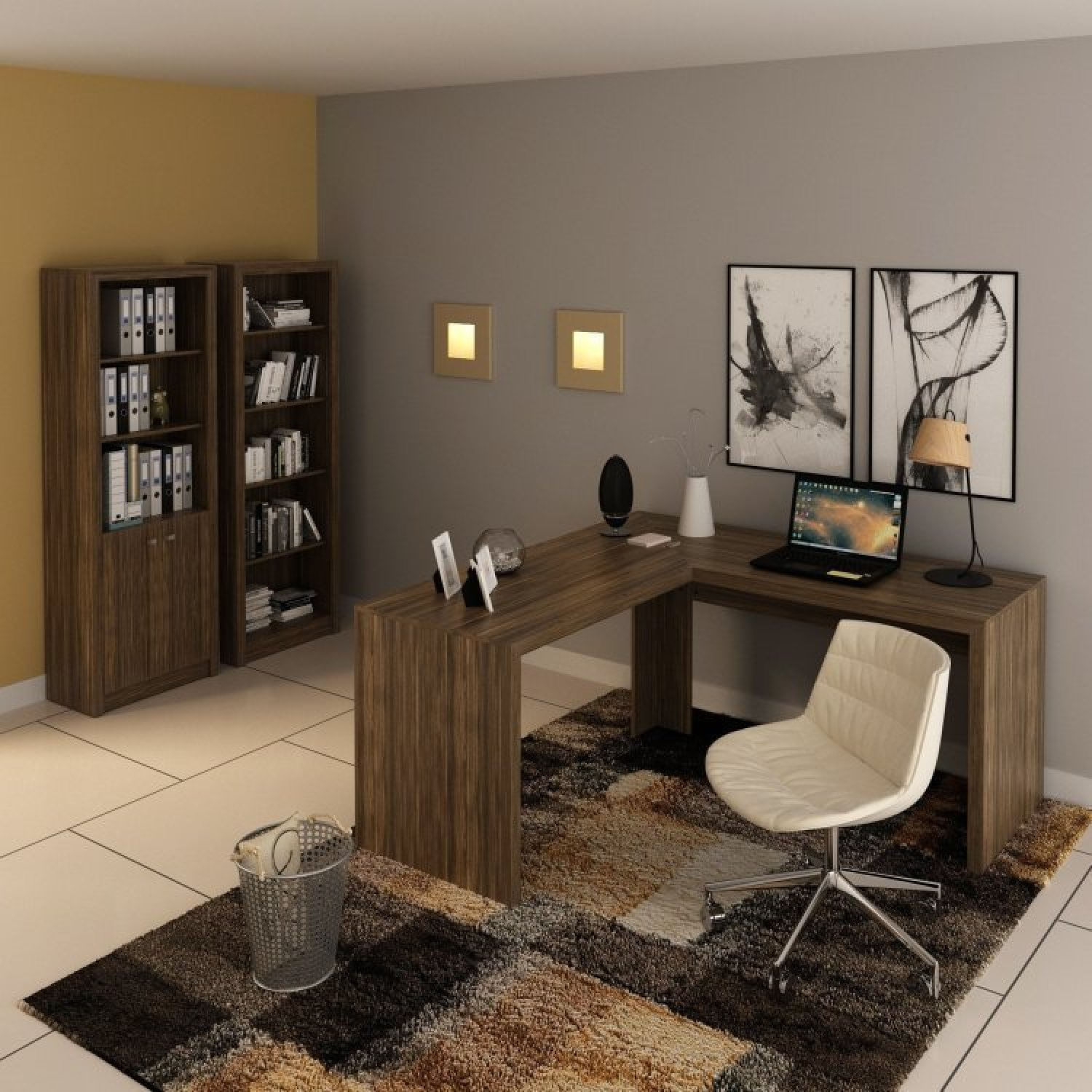 Conjunto Home Office 3 Peças Com 1 Mesa Para Escritório Em L 2 Estantes Espresso Móveis