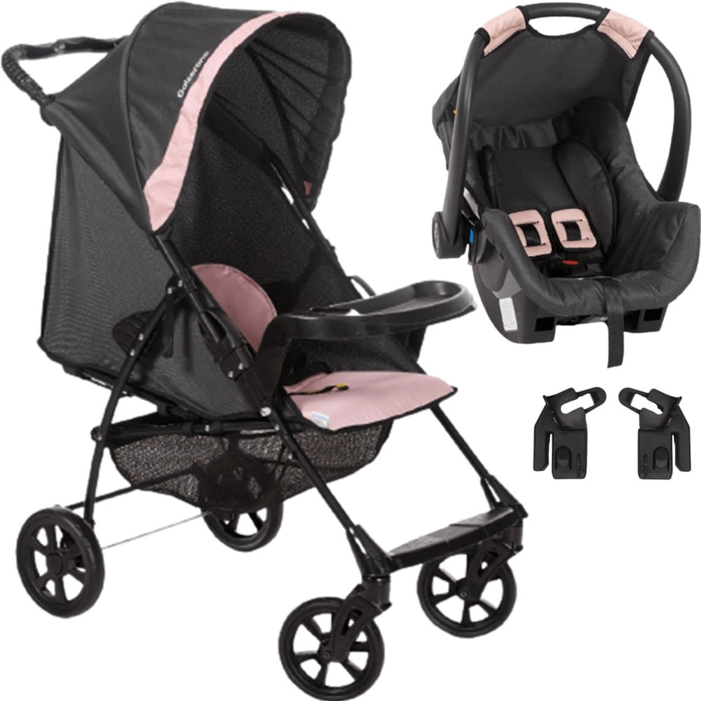 Carrinho De Bebê Romano Travel System Galzerano Onix Com Bebê Conforto Preto E Rosa