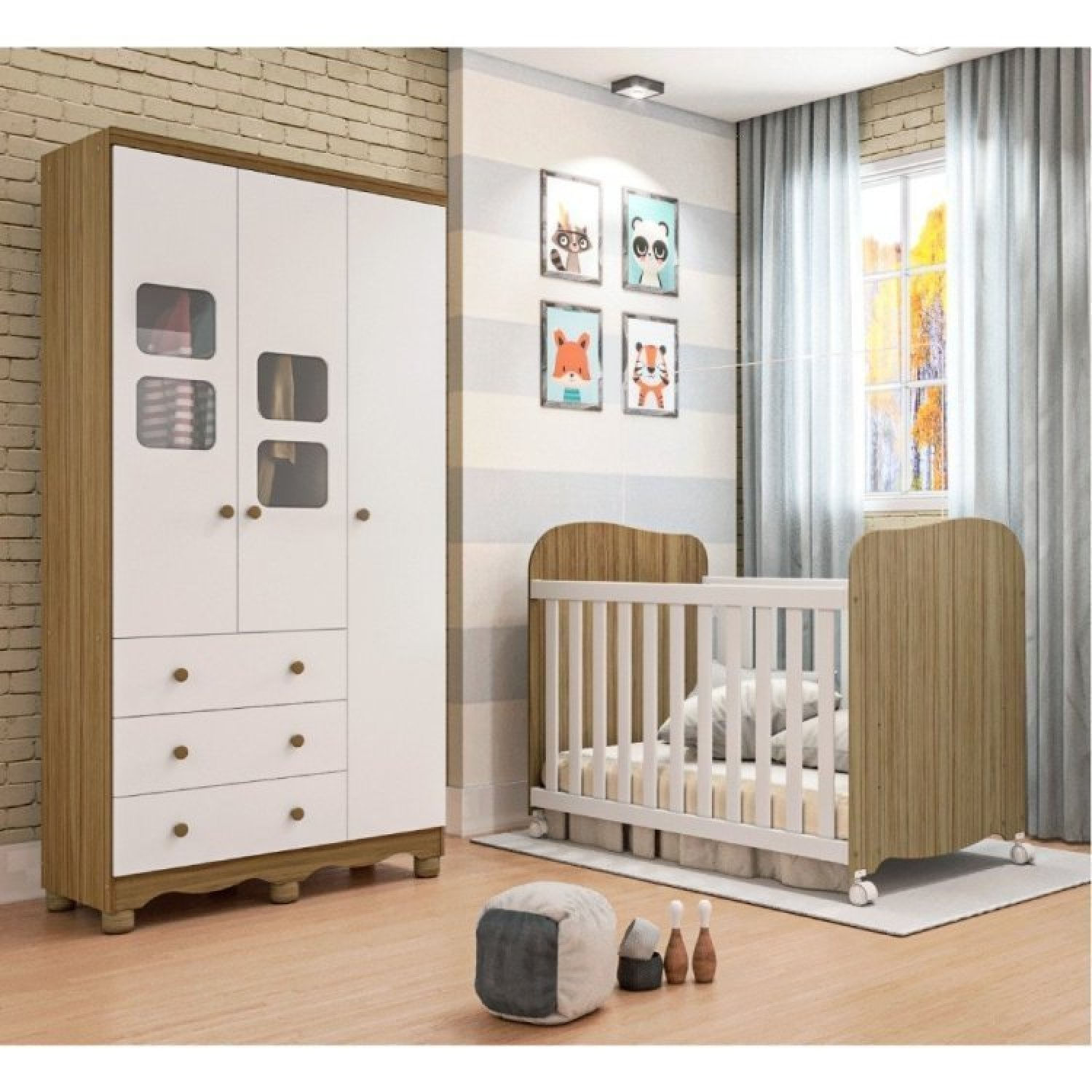 Quarto De Bebê Com Guarda Roupa 1 Porta Com Janela E Berço 100% Mdf Uli Móveis Peroba Branco Brilho/carvalho