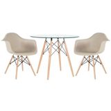 Mesa Redonda Eames Com Tampo De Vidro 90 Cm + 2 Cadeiras Eiffel Daw Nude