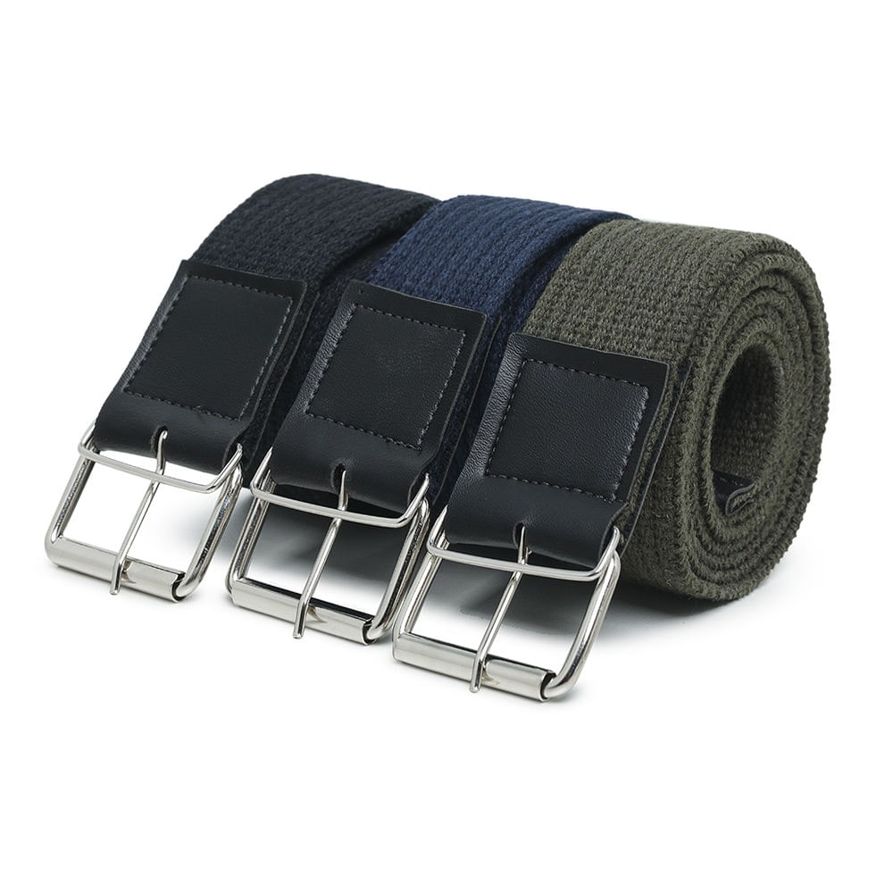 Kit 3 Cinto Lona Gorgurao Liso Masculino Ajuste Fivela Reforçada Aço Detalhe Em Couro