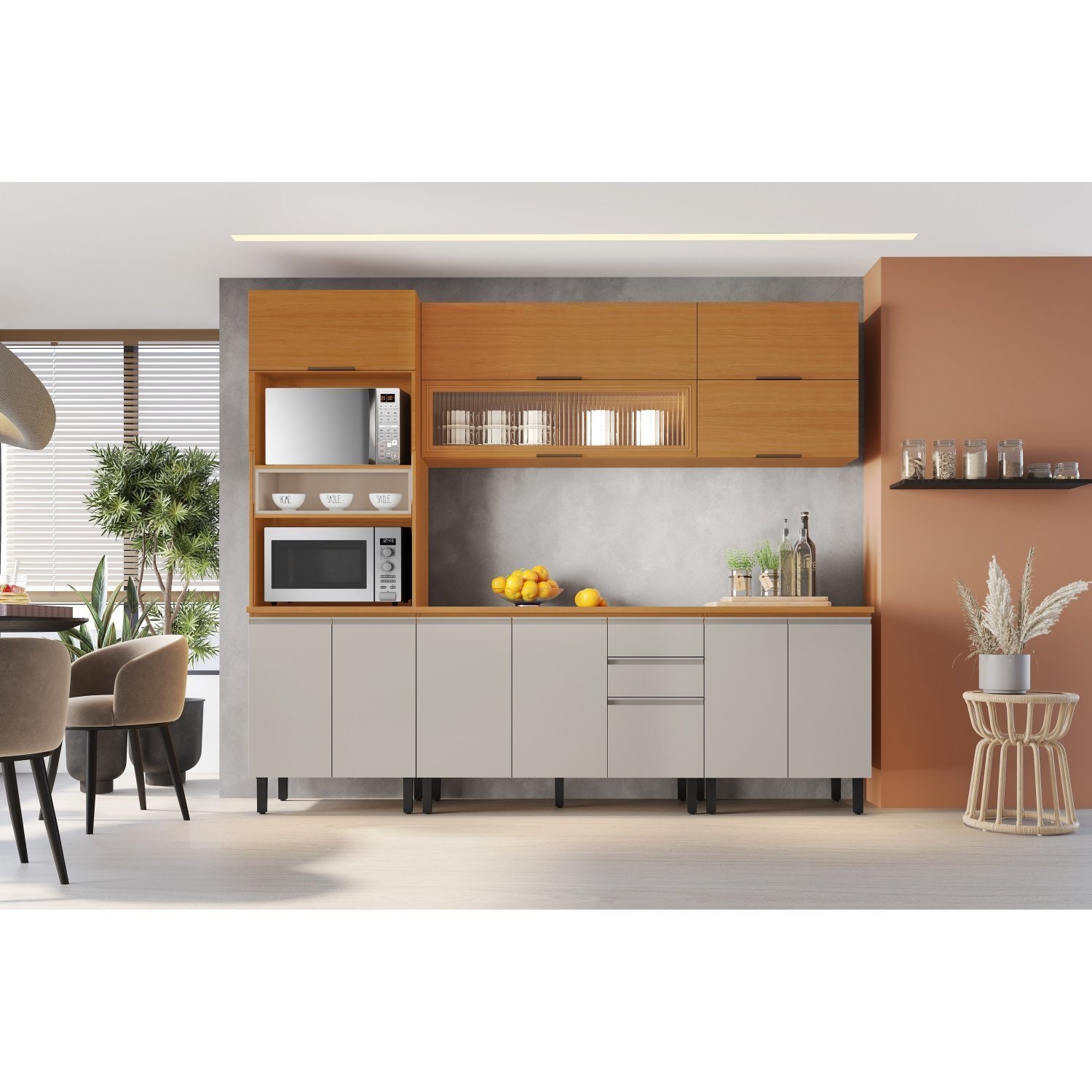 Cozinha Modulada Compacta 5 Peças Armário 1 Porta Vidro Paneleiro Nicho 2 Fornos Namur Cinamomo/off White