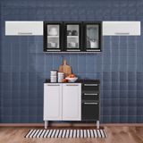 Kit Balcão Preto c/ Armário Aéreo 3 Portas 3 Vidros Preto e 2 Armários Aéreos 1 Porta Horizontal Branco