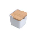 Saleiro De Mesa De Cerâmica Com Tampa De Madeira E Colher Bianco 9x9x8,5cm - Lyor