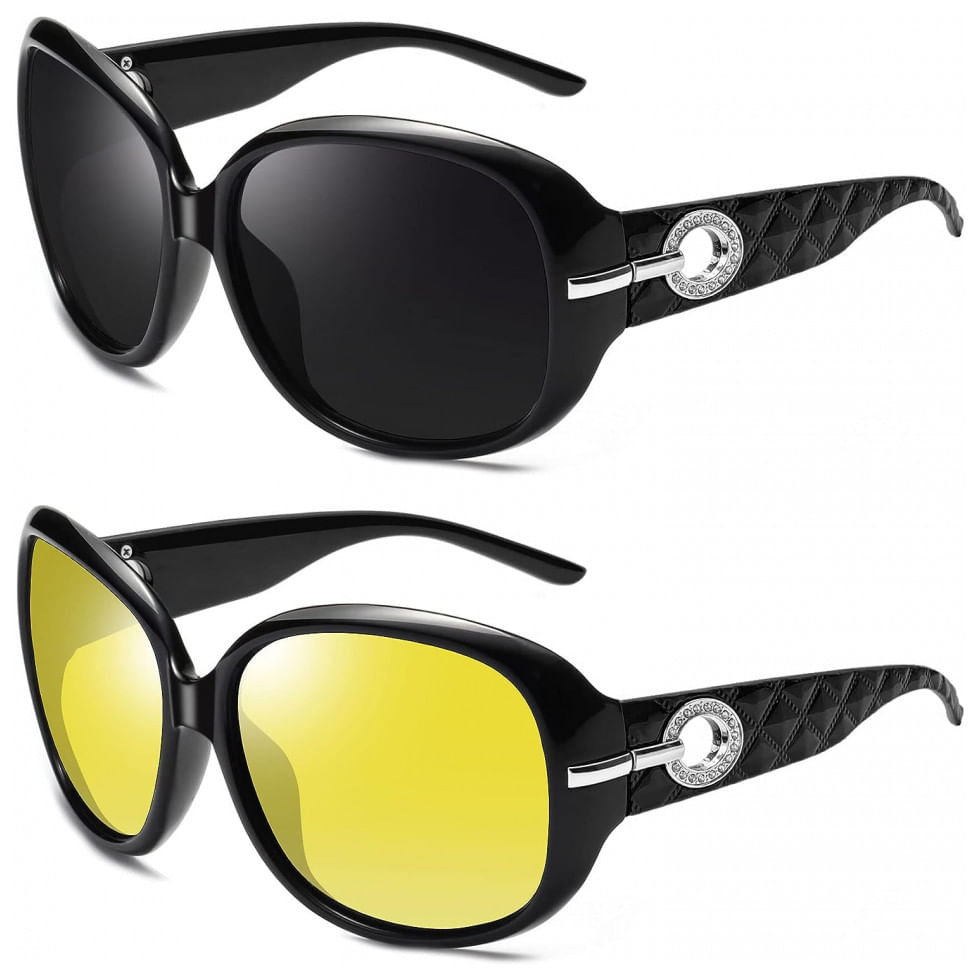 Oculos De Sol Feminino Polarizados Com Protecao Uv, Joopin C02, 2 Unidades, Preto E Preto Amarelo