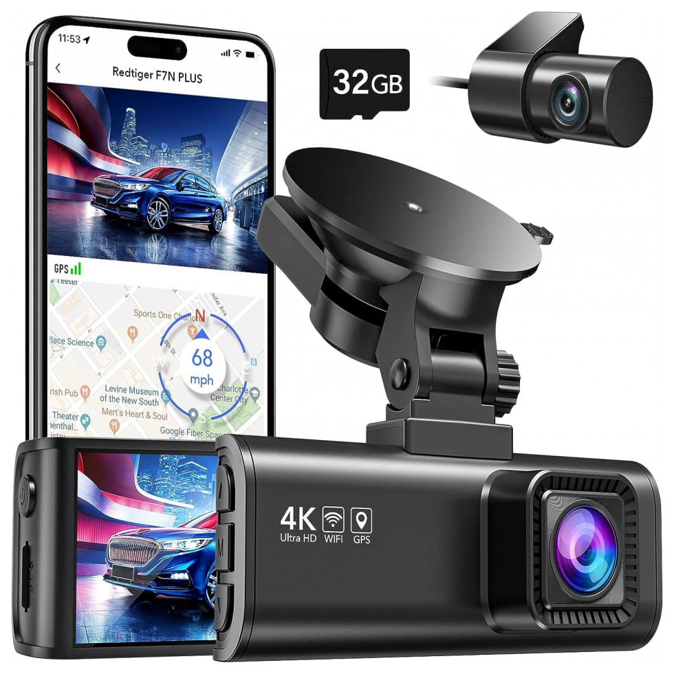 Camera Veicular Full Hd 1080p, Com Gps, Gravacao 4k Ultra Hd, Visao Noturna, Wi Fi, Redtiger F7n, Preto