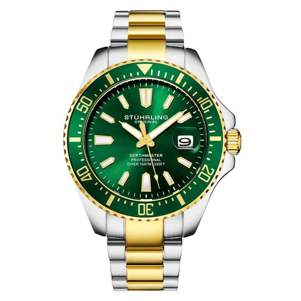 Relogio Masculino Depthmaster 3950a 42mm, Mostrador Verde, Pulseira Em Aco Inox Dourado E Fivela Prateada Stuhrling