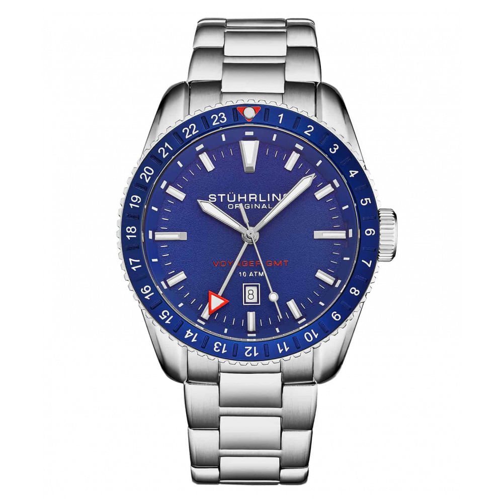 Relogio Masculino Stuhrling Gmt 4017 Quartzo 42mm, Prata E Azul