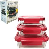 Conjunto De Pote De Vidro Retangular Com Tampa Plastico E Valvula Vermelho 3 Pecas 1040 / 640 / 370ml