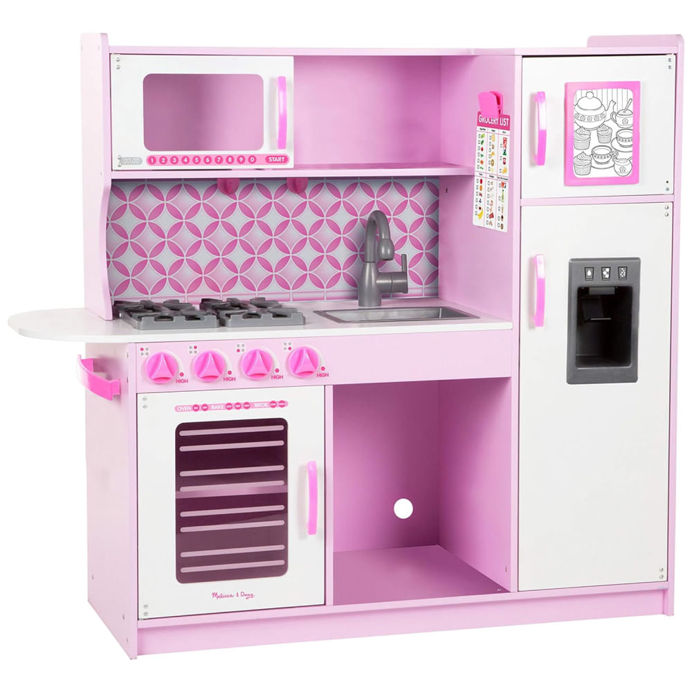 Cozinha Infantil Em Madeira Com Forno, Fogão, Micro-ondas, Pia E Geladeira Com Dispensador De Gelo, Melissa Doug, Rosa