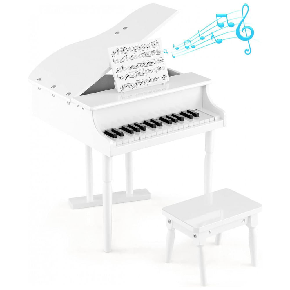 Piano Clássico Infantil De Cauda E 3 Pernas, Com 30 Teclas E Suporte Para Partitura, Honey Joy, Branco