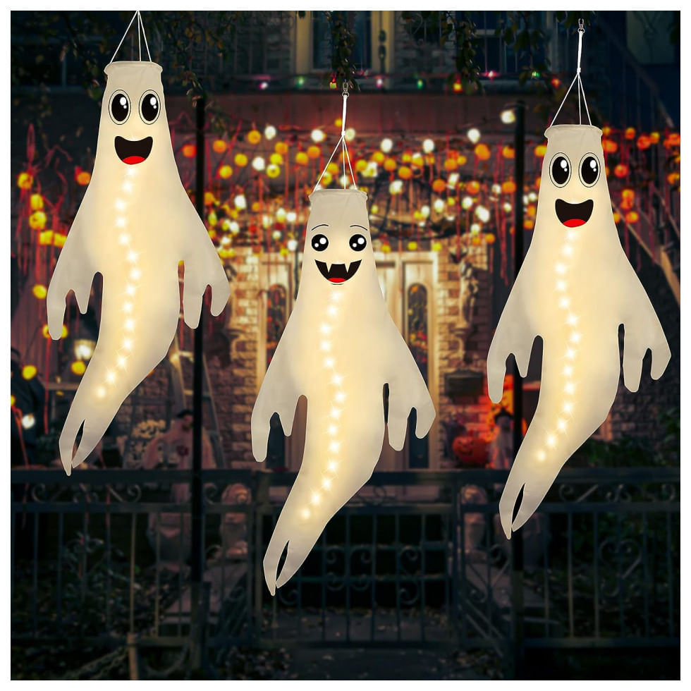 Kit Fantasmas De Pendurar Com Luz Led Para Decoração De Halloween, 3 Un, Branco