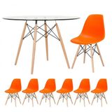 Mesa Redonda Eames Com Tampo De Vidro 120 Cm + 6 Cadeiras Eiffel Dsw Laranja