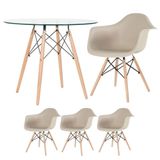 Mesa Redonda Eames Com Tampo De Vidro 90 Cm + 3 Cadeiras Eiffel Daw Nude