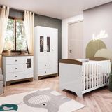 Quarto De Bebê Guarda Roupa Cômoda Com Janelas Retangulo E Berço Americano 100% Mdf Ayla Branco Brilho/carvalho