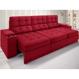 Sofá Com Porta Copos E Carregador Usb Eureka 2,30m  Assento Retrátil E Reclinável Velosuede Vermelho - Netsofas