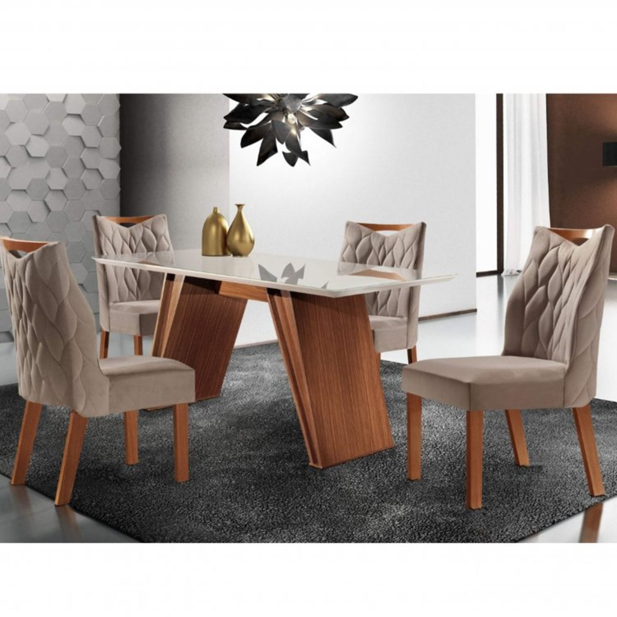 Conjunto Sala de Jantar Mesa Atena e 4 Cadeiras Delta LJ Móveis Castanho Prêmio/Suede Capuccino/Off White