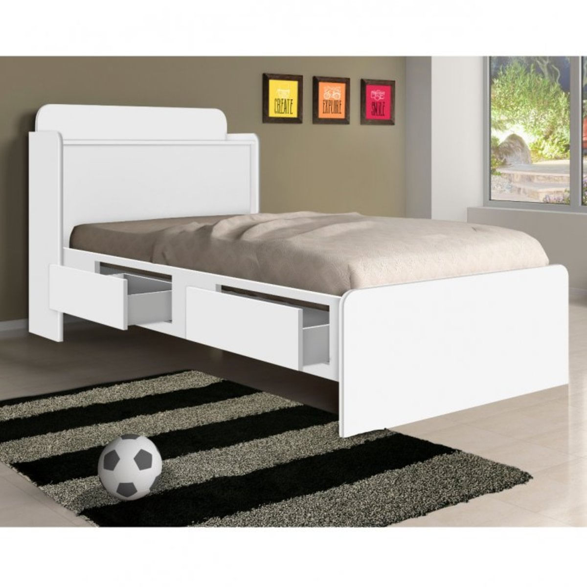 Cama Solteiro com Baú 2 Gavetas Tamires Cambel Móveis Branco