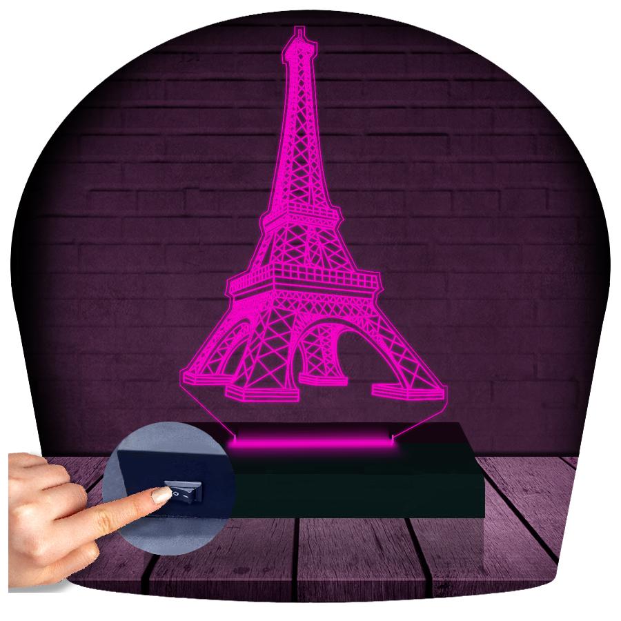 Luminária Led 3d Torre Eiffel Abajur 2 - Rosa