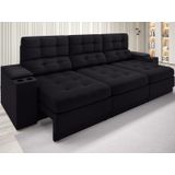 Sofá Com Porta Copos E Carregador Usb Eureka 2,30m  Assento Retrátil E Reclinável Velosuede Preto - Netsofas