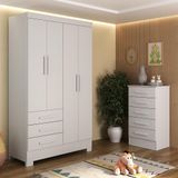 Quarto Infantil Completo Guarda Roupa 4 Portas 3 Gavetas Com Cômoda Kit Cat Espresso Móveis Branco